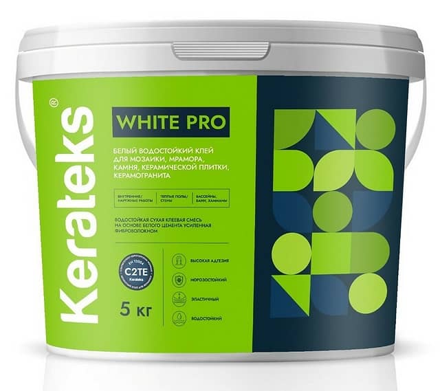 Влагостойкий клей для мозаики, керамической плитки и керамогранита Kerateks White Pro, 5кг