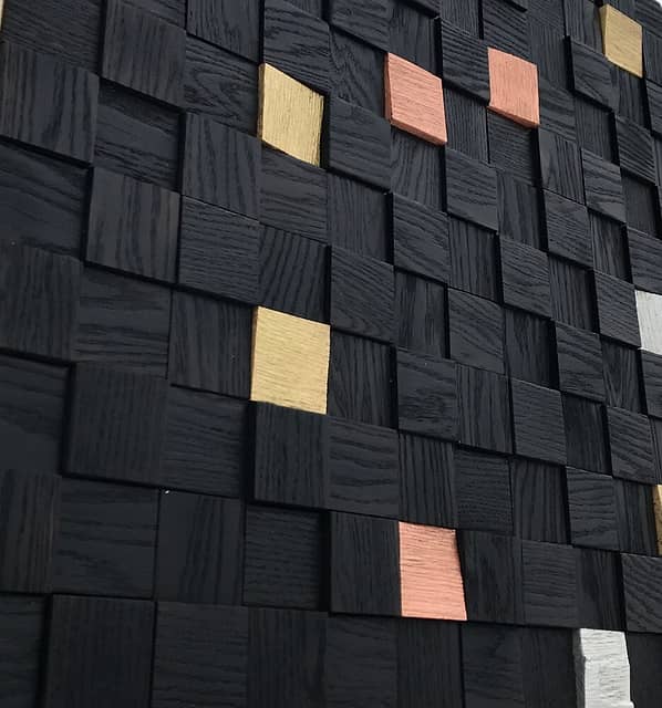 3D мозаика из дерева (дуб), умеренный обжиг, колеровка черный с золотыми, серебряными, бронзовыми вставками