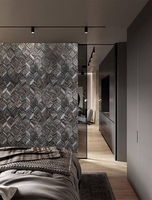 Колотая 3D мозаика из дерева (дуб), колеровка эбен с серебряными вставками