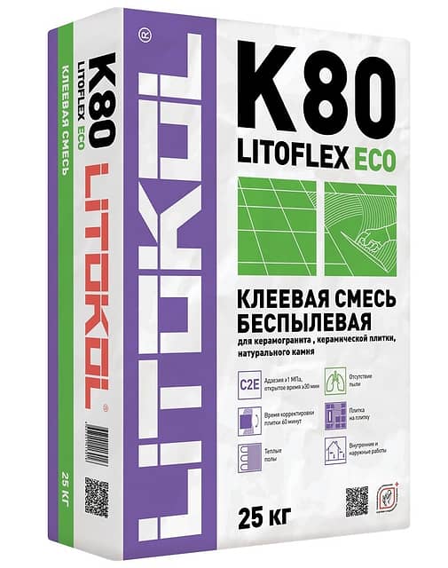 Беспылевая высокоэластичная клеевая смесь LITOFLEX K80 ECO, 25кг
